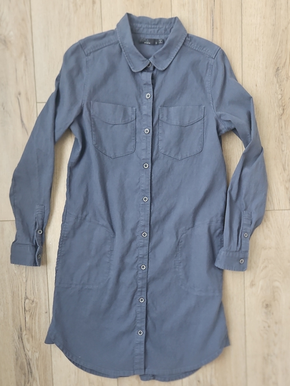 Prana Steel Blue Gray Shirt Dress Organic Cotton Hemp Blend Pockets Gorpcore